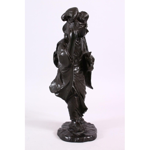 234 - A JAPANESE MEIJI PERIOD BRONZE OKIMONO OF A GEISHA GIRL, stood holding her musical instrument, upon ... 