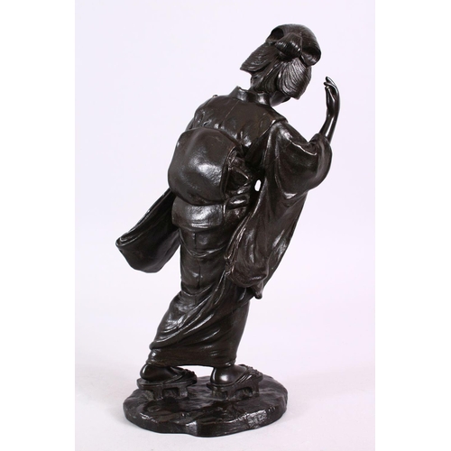 234 - A JAPANESE MEIJI PERIOD BRONZE OKIMONO OF A GEISHA GIRL, stood holding her musical instrument, upon ... 