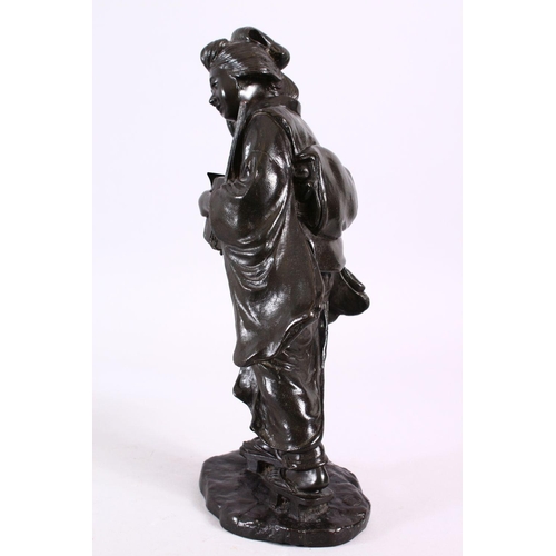 234 - A JAPANESE MEIJI PERIOD BRONZE OKIMONO OF A GEISHA GIRL, stood holding her musical instrument, upon ... 