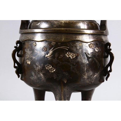 235 - A JAPANESE MEIJI PERIOD BRONZE & MIXED METAL LIDDED KORO - OTAFUKU - the body of the koro inlaid wit... 