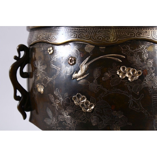 235 - A JAPANESE MEIJI PERIOD BRONZE & MIXED METAL LIDDED KORO - OTAFUKU - the body of the koro inlaid wit... 