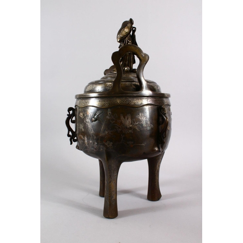 235 - A JAPANESE MEIJI PERIOD BRONZE & MIXED METAL LIDDED KORO - OTAFUKU - the body of the koro inlaid wit... 