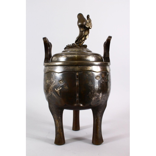 235 - A JAPANESE MEIJI PERIOD BRONZE & MIXED METAL LIDDED KORO - OTAFUKU - the body of the koro inlaid wit... 