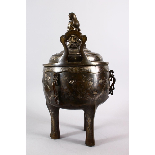 235 - A JAPANESE MEIJI PERIOD BRONZE & MIXED METAL LIDDED KORO - OTAFUKU - the body of the koro inlaid wit... 