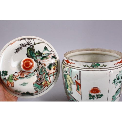 24 - A CHINESE FAMILLE VERTE PORCELAIN JAR AND COVER, decorated with scenes of figures in a balcony setti... 