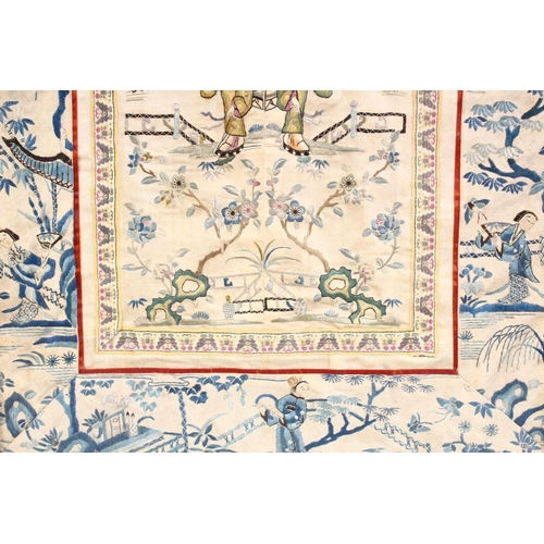 243 - A 19TH CENTURY CHINESE EMBROIDERED PICTURE OF FIGURES IN LANDSCAPES AND NATIVE FLORA, Framed 17cm x ... 