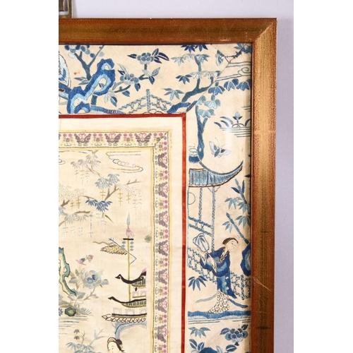 243 - A 19TH CENTURY CHINESE EMBROIDERED PICTURE OF FIGURES IN LANDSCAPES AND NATIVE FLORA, Framed 17cm x ... 