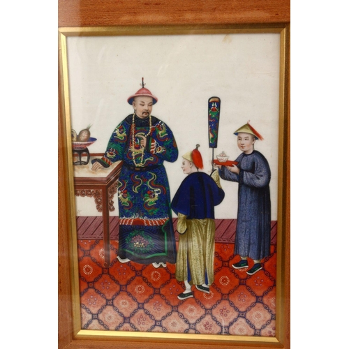 244 - THREE GOOD FRAMED CHINESE 19TH CENTURY PAINTING ON RICE PAPER OF OFFICIALS, the gilt frames housing ... 