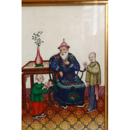 244 - THREE GOOD FRAMED CHINESE 19TH CENTURY PAINTING ON RICE PAPER OF OFFICIALS, the gilt frames housing ... 