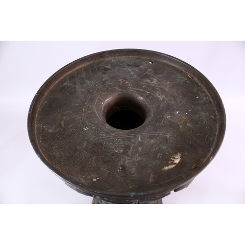 253 - A JAPANESE THREE SECTION CAST BRONZE CENSER, with elephant heads supports, dragons, birds amongst tr... 