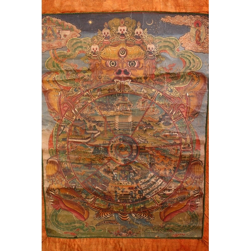 267 - A 19TH CENTURY CHINESE THANKA, depicting the twelve panels of reincarnation, signed to the reverse, ... 