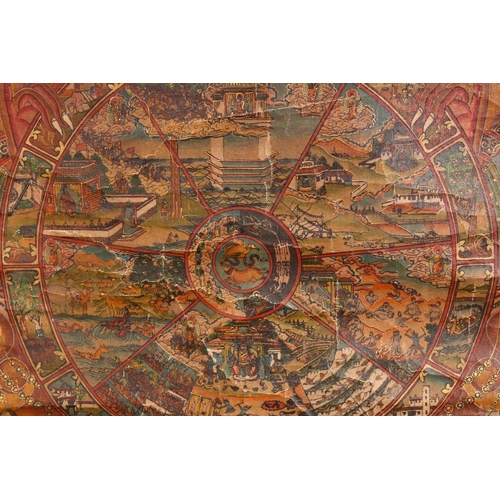 267 - A 19TH CENTURY CHINESE THANKA, depicting the twelve panels of reincarnation, signed to the reverse, ... 