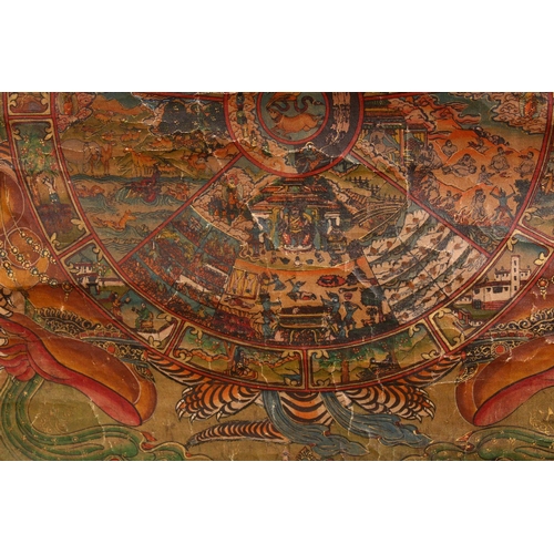 267 - A 19TH CENTURY CHINESE THANKA, depicting the twelve panels of reincarnation, signed to the reverse, ... 