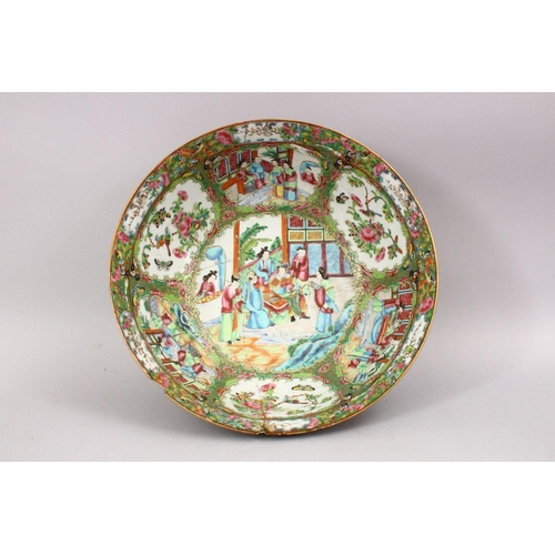 27 - A LARGE 19TH CENTURY CHINESE CANTON FAMILLE ROSE PORCELAIN BOWL, with panel decoration of figures, b... 