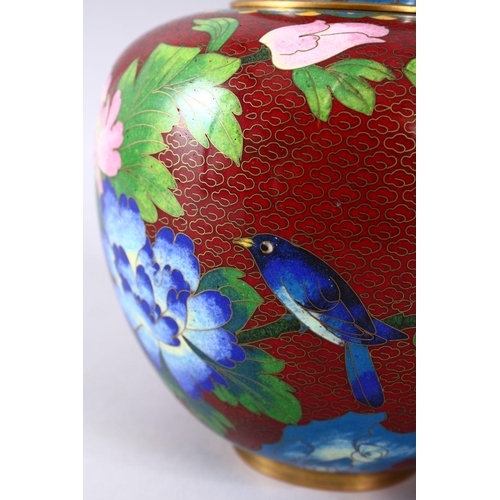 272 - A PAIR OF CHINESE CLOISONNE GINGER JARS AND COVERS, decorated with a bird amongst flowers, 16cm high... 