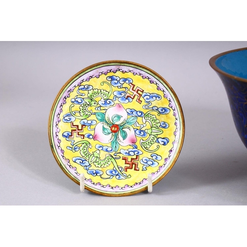 273 - FOUR CHINESE CLOISONNE ITEMS, to include a vase, two bowls and a small dish.