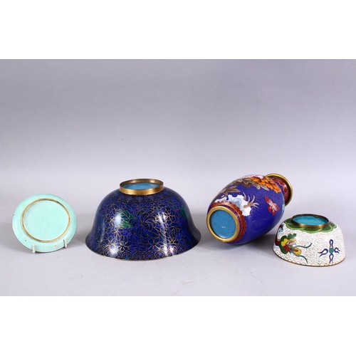 273 - FOUR CHINESE CLOISONNE ITEMS, to include a vase, two bowls and a small dish.