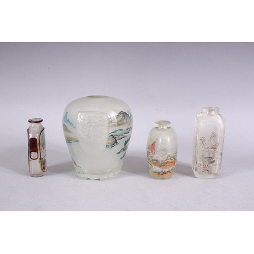 274 - A CHINESE REVERSE PAINTED GLASS VASE, and three snuff bottles.