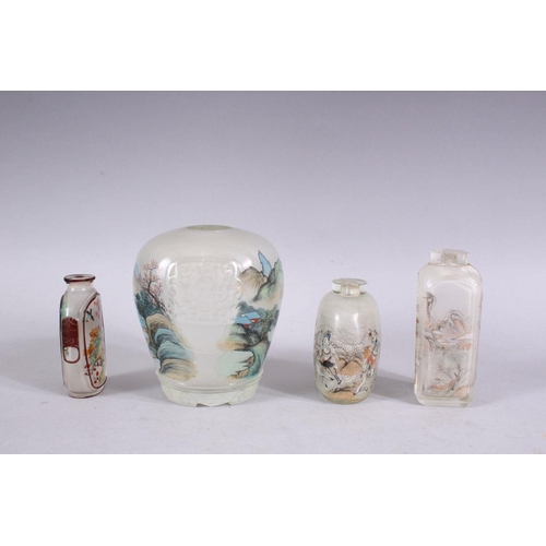 274 - A CHINESE REVERSE PAINTED GLASS VASE, and three snuff bottles.