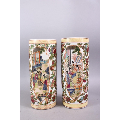 298 - A PAIR OF CHINESE 20TH CENTURY PORCELAIN CYLINDRICAL VASES, painted with panels of female figures an... 