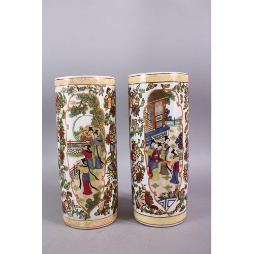 298 - A PAIR OF CHINESE 20TH CENTURY PORCELAIN CYLINDRICAL VASES, painted with panels of female figures an... 