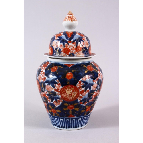 3 - A JAPANESE MEIJI PERIOD IMARI PORCELAIN VASE & COVER, decorated with typical imari palate, of bamboo... 