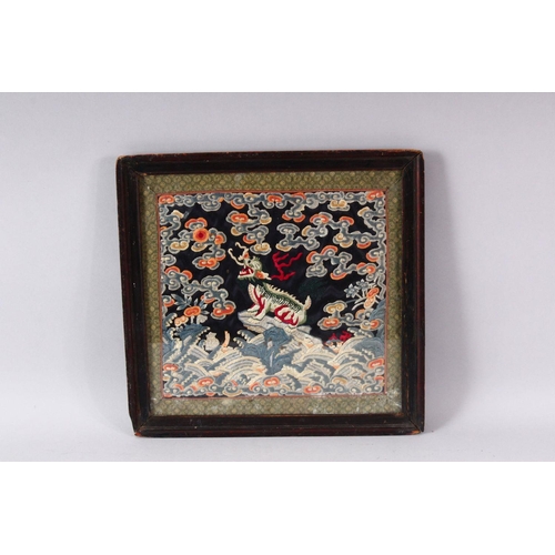 315 - A GROUP OF FIVE CHINESE EMBROIDERED RANK BADGES, framed and glazed, 40cm x 42cm.