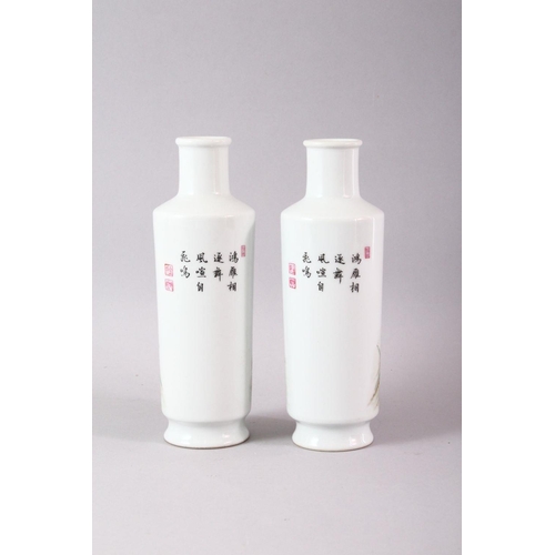 319 - A PAIR OF SMALL REPUBLIC STYLE BOTTLES VASES, each painted with geese amongst flowers with calligrap... 