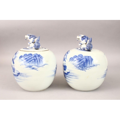 332 - TWO JAPANESE HIRADO STYLE BLUE & WHITE JARS & COVERS, the body of the vases with decoration depictin... 