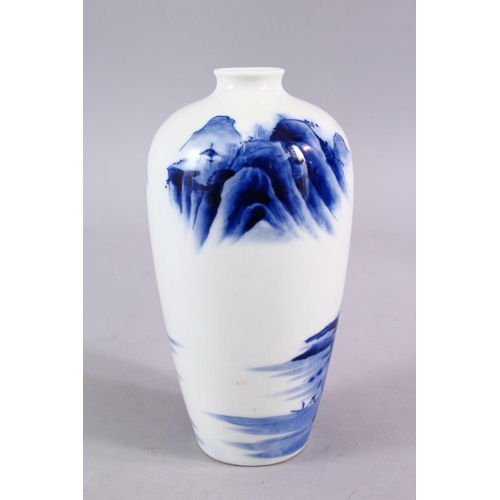 333 - A JAPANESE MEIJI PERIOD BLUE & WHITE PORCELAIN MEIPING STYLE VASE, decorated with native waterside l... 