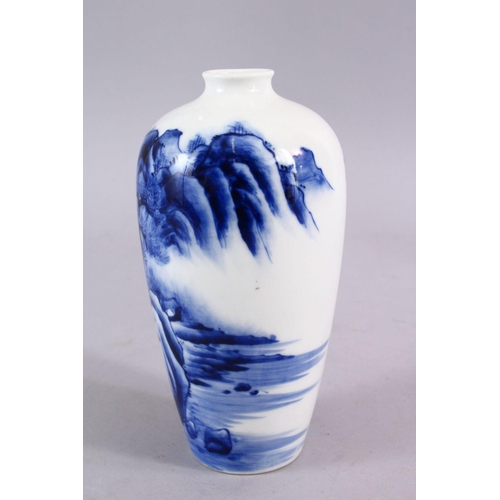 333 - A JAPANESE MEIJI PERIOD BLUE & WHITE PORCELAIN MEIPING STYLE VASE, decorated with native waterside l... 