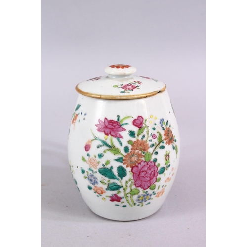 334 - AN 18TH CENTURY CHINESE FAMILLE ROSE PORCELAIN TANKARD & COVER, decorated with native floral spray, ... 