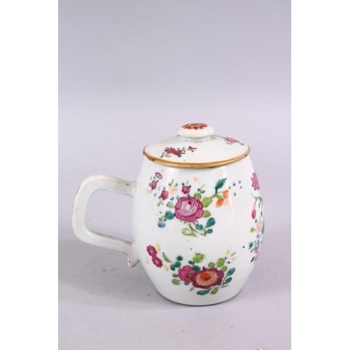 334 - AN 18TH CENTURY CHINESE FAMILLE ROSE PORCELAIN TANKARD & COVER, decorated with native floral spray, ... 