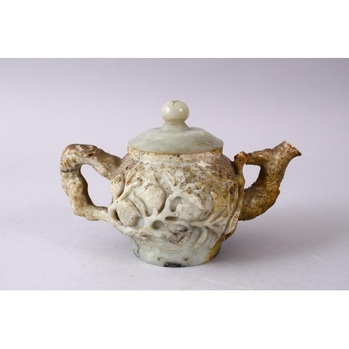 336 - A 19TH / 20TH CENTURY CHINESE CARVED NATURALISTIC TEA POT & COVER, the body carved with fruit decora... 