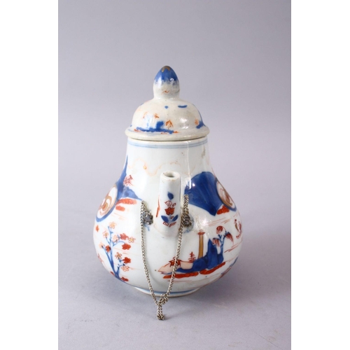 339 - A 19TH CENTURY CHINESE IMARI PORCELAIN TEA POT & COVER, with typical coral imari decoration and gild... 