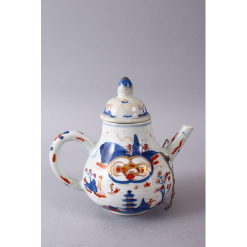 339 - A 19TH CENTURY CHINESE IMARI PORCELAIN TEA POT & COVER, with typical coral imari decoration and gild... 