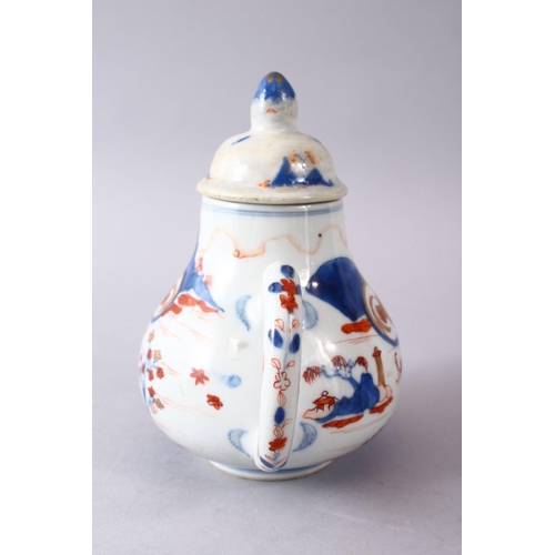 339 - A 19TH CENTURY CHINESE IMARI PORCELAIN TEA POT & COVER, with typical coral imari decoration and gild... 