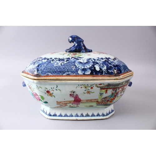 34 - A 18TH / 19TH CENTURY CHINESE BLUE & WHITE FAMILLE ROSE PORCELAIN TUREEN AND COVER, decorated with f... 