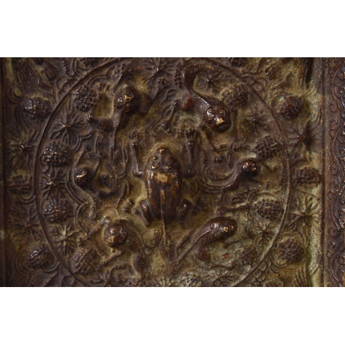 344 - A GOOD 18TH / 19TH CENTURY CHINESE BRONZE MIRROR, of square form, moulded beast and vine decoration,... 