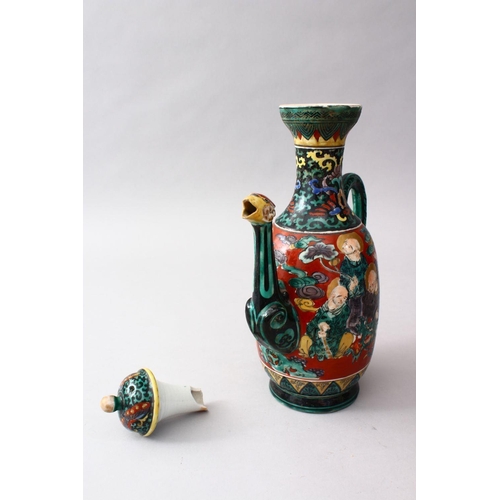 347 - A GOOD JAPANESE MEIJI PERIOD KUTANI PORCELAIN IMMORTAL WINE POT & COVER, The body of the pot decorat... 