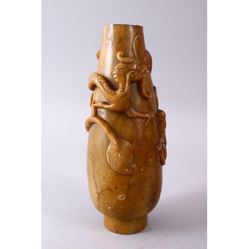 351 - A 19TH CENTURY CHINESE CARVED SOAPSTONE VASE WITH CHILONG, the body with climbing chilong, top cut, ... 