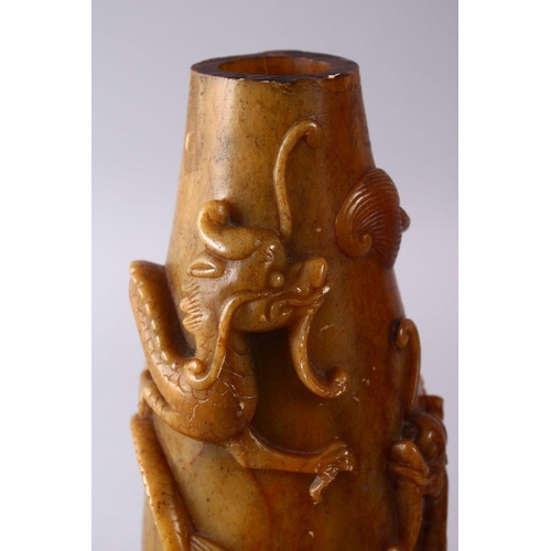 351 - A 19TH CENTURY CHINESE CARVED SOAPSTONE VASE WITH CHILONG, the body with climbing chilong, top cut, ... 