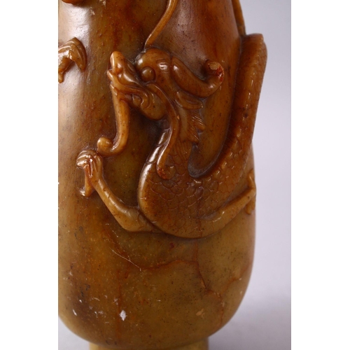 351 - A 19TH CENTURY CHINESE CARVED SOAPSTONE VASE WITH CHILONG, the body with climbing chilong, top cut, ... 