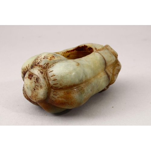 352 - A GOOD 20TH CENTURY CHINESE CARVED JADE BRUSH WASH IN THE FORM OF A FRUIT, 9cm wide.