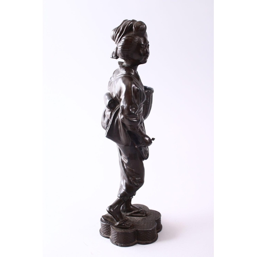 354 - A JAPANESE MEIJI STYLE METAL OKIMONO OF A GEISHA GIRL HOLDING A BASKET, 28CM.