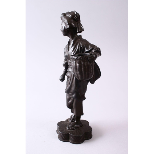 354 - A JAPANESE MEIJI STYLE METAL OKIMONO OF A GEISHA GIRL HOLDING A BASKET, 28CM.