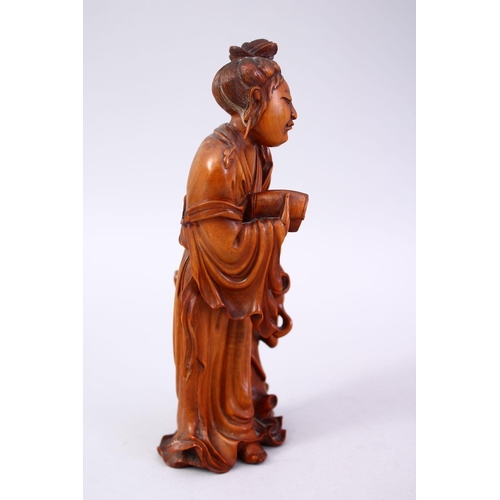 357 - A CHINESE CARVED WOODEN FIGURE OF GUANYIN & ANIMAL, stood aside a tree stump with an a animal, 20cm ... 