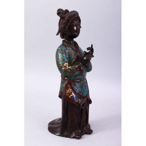 368 - A 19TH CENTURY OR EARLIER CHINESE BRONZE & CLOISONNE FIGURE OF A WOMAN, The robes detailed in cloiso... 