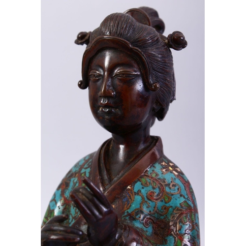 368 - A 19TH CENTURY OR EARLIER CHINESE BRONZE & CLOISONNE FIGURE OF A WOMAN, The robes detailed in cloiso... 