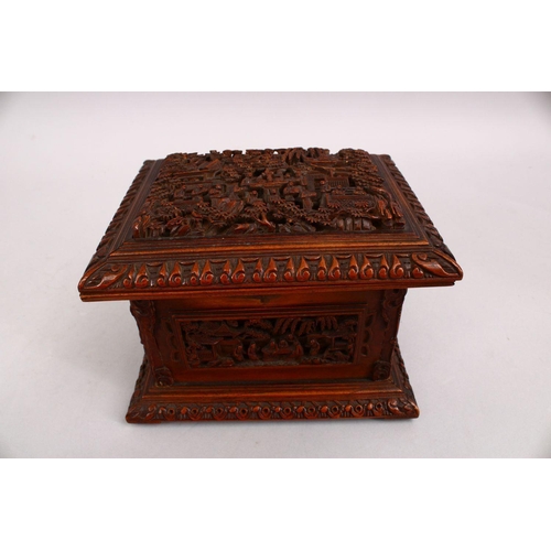 37 - A GOOD 19TH CENTURY CHINESE CANTON CARVED WOODEN CASKET, the top carved with typical canton scenes o... 